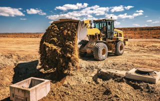 Wheel loader dumping soil into trench at a construction site during site preparation work.